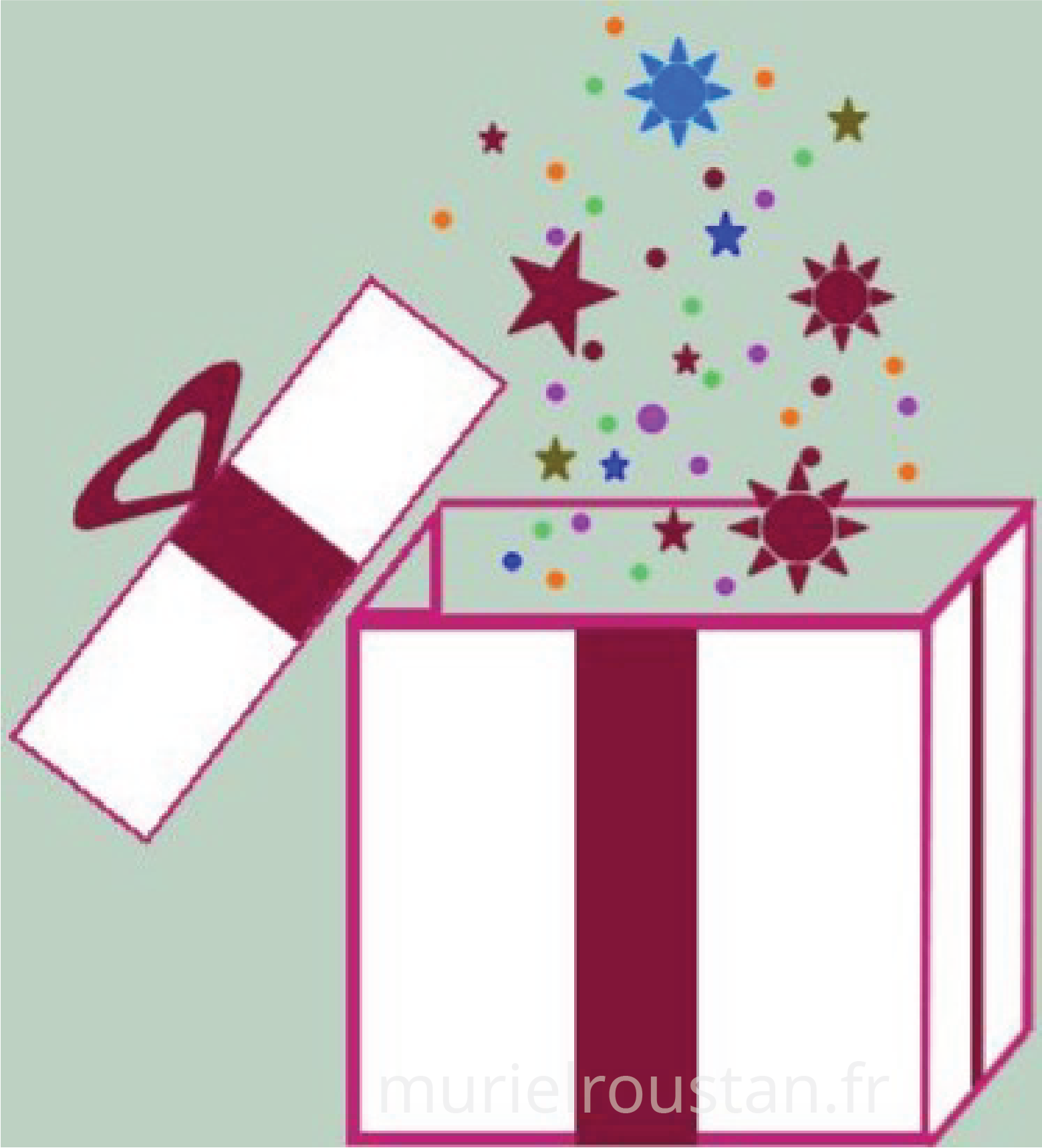 Illustration d'une boite enveloppée de rubans entre-ouverte laissant échapper des confétis