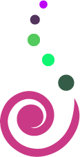 Logo de Muriel Roustan. Plusieurs de bulles de couleurs variées disposées verticalement et partant d'une spirale rose fushia.