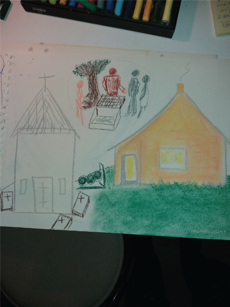 Exercice de dessin de sa maison lors d'un atelier.